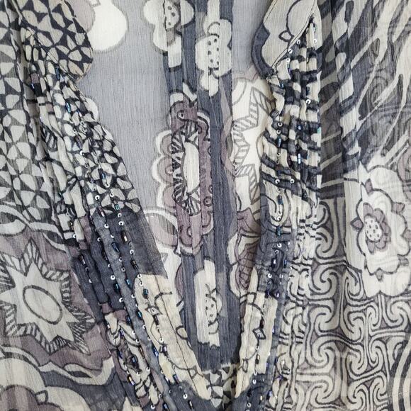Lior Paris Floral Mixed Print Sheer Button Tunic Top Women Sz XL Sequin Beaded - Picture 6 of 12